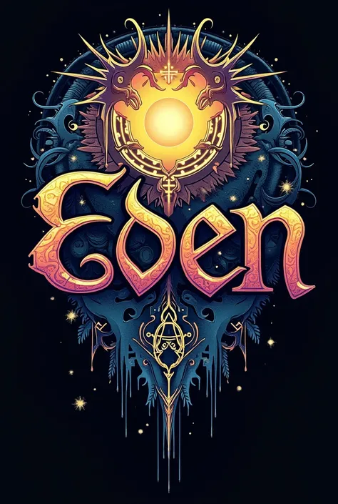 Create a clothing logo with this name Eden that is very striking but that has something to do with religion and alucin 