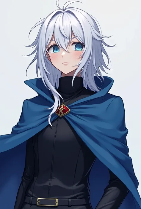  teen that has snow white hair and sky blue eyes wearing a black turtleneck suit with a blue cloak that ddoesnt have a hat and katana to his side. His hair are long to his neck and he has elegant bangs covering his forehead but not obscuring his eyes