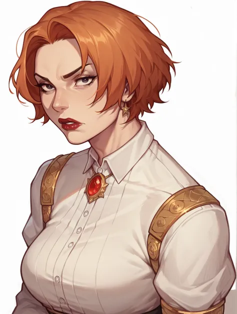 1 woman, Shoulder-length short orange hair ,  Serious expression,  big boobs,  long white collared dress I hope it fits with gold details,  black eyes ,  red lipstick