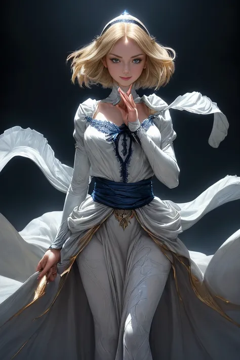 ( Pose standing against the gust:1.4),  top quality ,  super high-detailed , ( facing the camera with a holy smile）、 super detailed ,  photo realistic , Sharp Features,  very detailed,  Sharp Focus, (( anatomically perfect body))、((Anatomically perfect han...