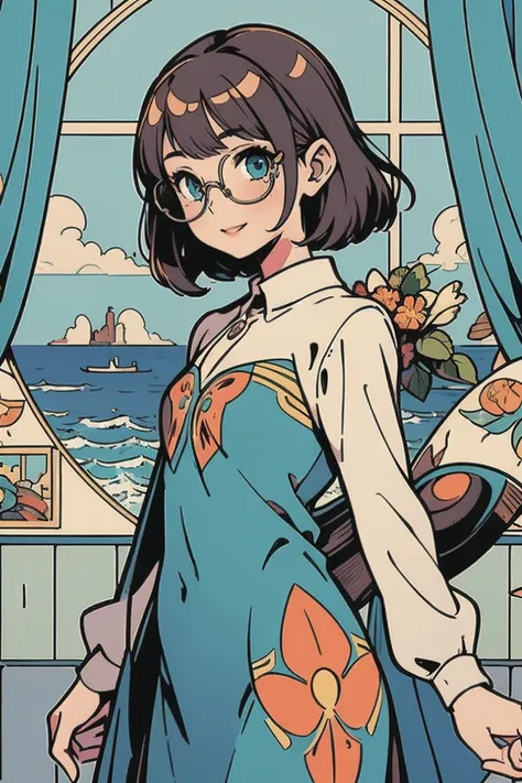 Mucha art style, masterpiece,  top quality ,  1 girl,  perfect eyes, perfect face, Kuvshinov,  cowboy shot, flat art, flat color, window side with a view of the ocean , , dressed casually, Glasses, happy,smile