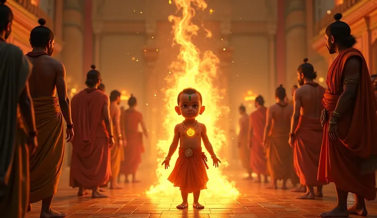 A young dwarf Brahmin (Vaman) with a glowing aura enters the yagna hall. Raja Bali and his courtiers look at him curiously. The atmosphere is vibrant, with firelight illuminating the scene.