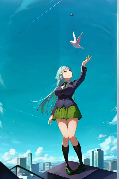  1 girl,  long hair,  light blue hair with a slender body,  big breasts, Looking up 

blazer school uniform　 green eyes　wide shot / very wide shot   pigeon toed  straight hair  引き締まった体　 Future City　 blue sky