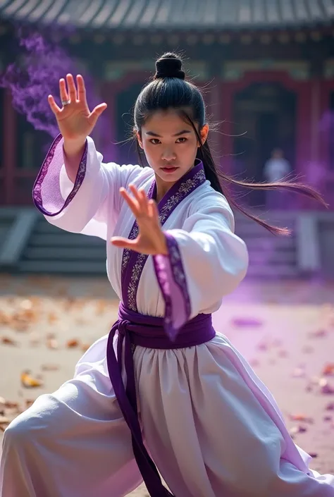 realisem 1.2 photograph hyperrealistic zoom and close image about an beauty chinesse woman tai chi kung fu master, slightly body , with black hair tied in a ponytail, seriously expression, wearing traditional white hanfu Chinese clothes combined with dark ...