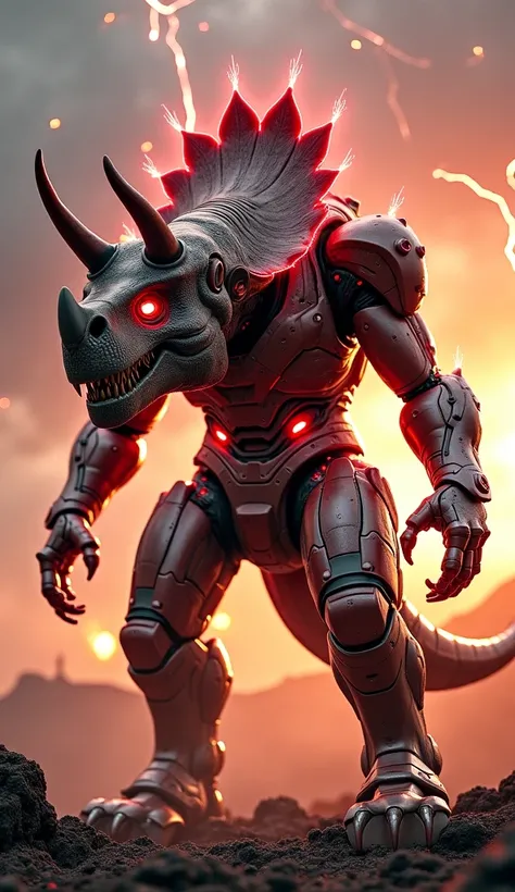 A monstrous fusion of an advanced Iron Man-like superhero and a prehistoric triceratops, forming a horrifying, biomechanical creature. Its body is a grotesque blend of metallic armor and scaly, reptilian skin, with glowing red eyes and massive, razor-sharp...