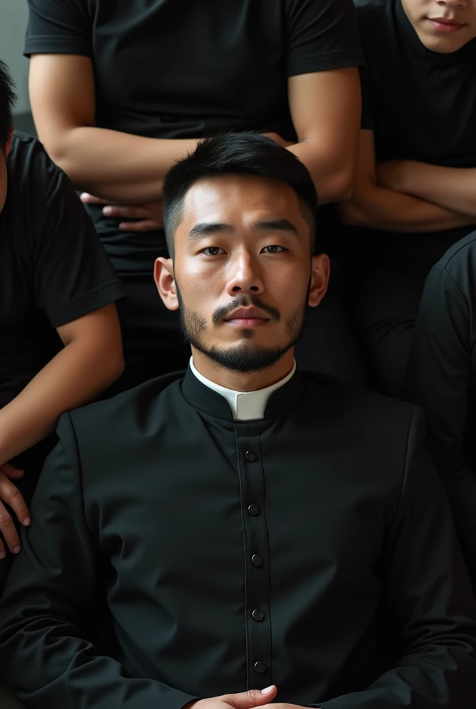 Asian man, 30 years old, Handsome and elegant,beardless, Black holy father clothes Priest, undercut hair, Beard, Silverjow,at viewer,muscle veins, sexy posing,lying on your back in classroom,top view,surrounded by boys