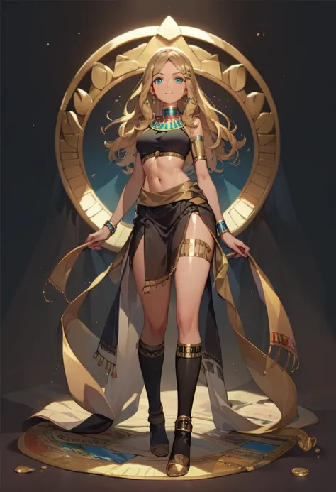 Egyptian serena, blonde long unruly hair, full body, nothing but desert visible