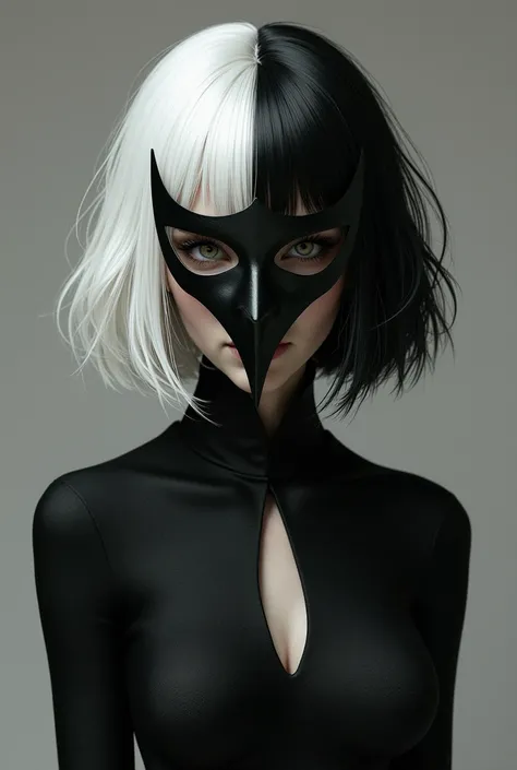 1 woman, short Cleopatra-style hair, half white, half black, pointed mask, anonymous figure, outfit with simple celestial flow, anonymous villain.