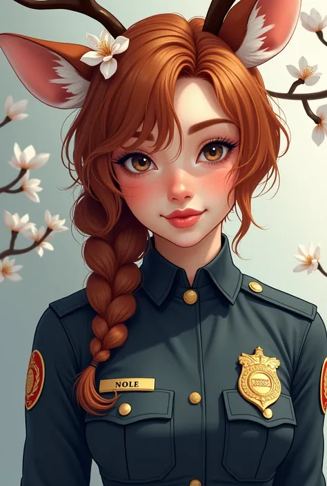 A 24-year-old girl , with reddish brown hair ,  branches with small white magnolia flowers and a side braid .  Clear freckles on the nose and cheekbones ,  with a shy smile on the plump, shiny lips .  Deer ears in a tone close to her hair with some lighter...