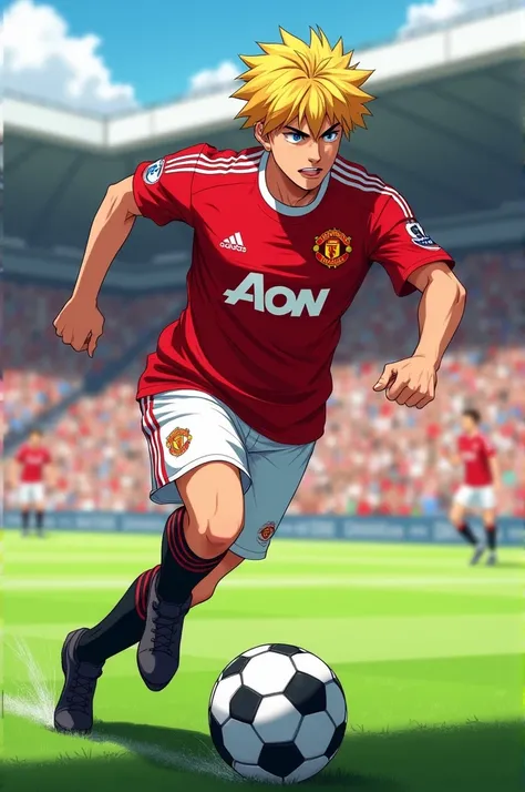 create the image of a blond football player, with the Manchester United shirt, Running with the ball at his foot, in 2d anime