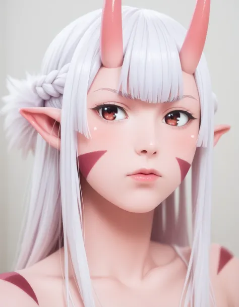 best_score, score_8_up, score_7_up, (photography), realistic:1.4, Photo_dynamics, Lisa, pointy ears, demon girl, red eyes, facial mark, colored skin, white hair, braid, oni, very long hair, pink skin, tail