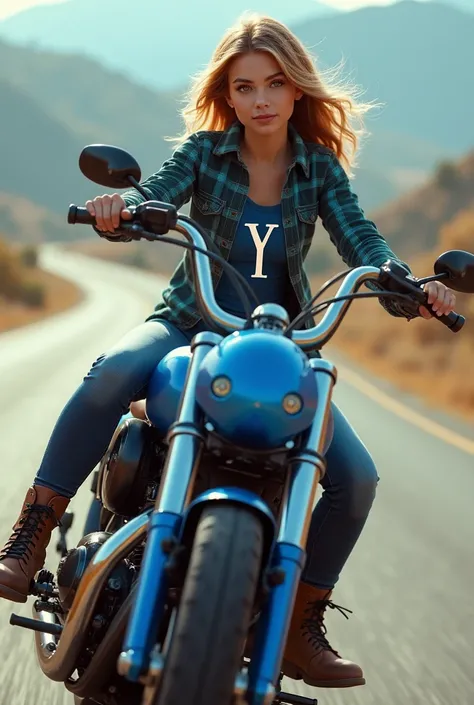 Girl with the initial Y on the flannel on a blue motorcycle
