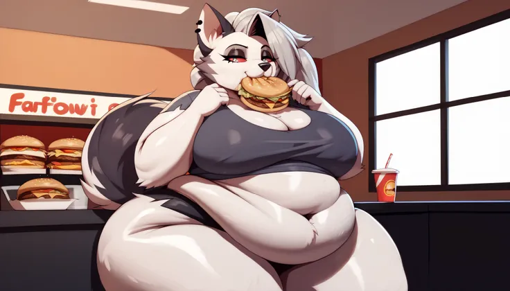 Loona Helluva Boss, fat body, sexy pose, ((Furry)), (ssbbw), very obese, perfect fat anatomy, belly soft like a marshmellow, ((eating fast food)), ((restautant background)), ((ONLY 1 Character))