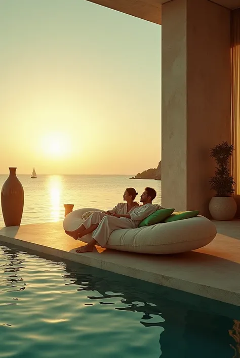 hyperrealistic photography,  Modern Villa with Pool ,  Living Room Relaxing ,  sunrise ,  Reflective Object  ,   Sea View with Boat ,  Large Vase  , Green furnishings ， cloth sofa in the pool with realistic pillows and a celebrity couple lying on their bed...