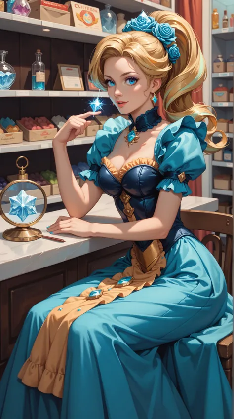 high quality， A Mysterious and Elegant Young Scientist Portrait of， Golden Shimmering Blonde ， One-Sided Ponytail ， Wind Mirror ，Exquisite facial features， Aqua Blue Eyes ，Crystal Eye ， Lolita Witch Dress ，long skirt， Knightlike Sitting ， Flimsy ， Feminize...