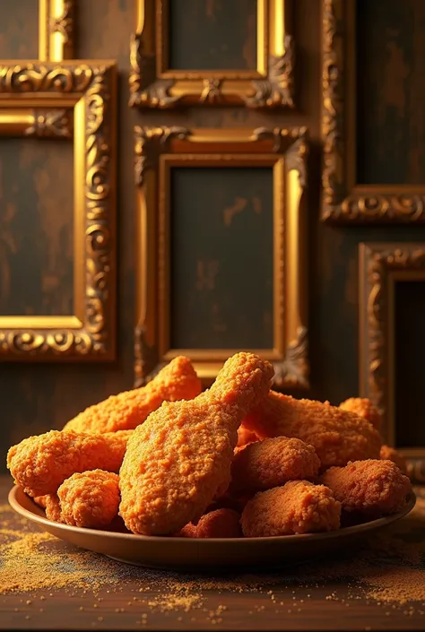 Make a picture of fried chicken with gold color and large pieces of photo display from Top