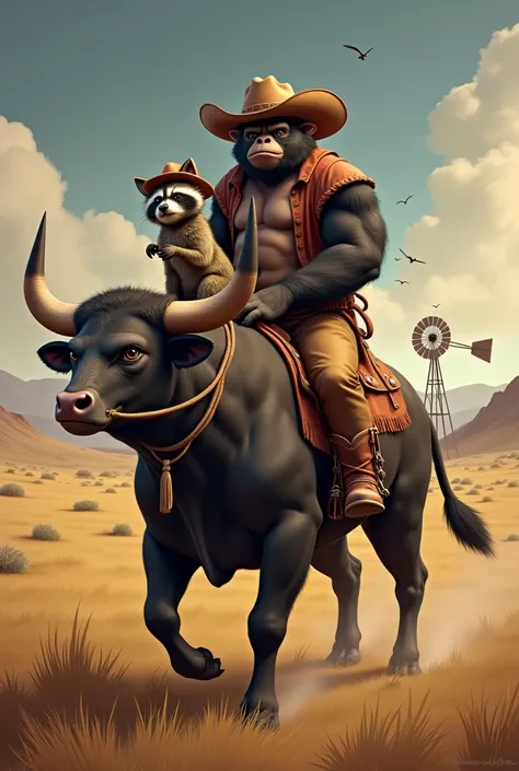 A female raccoon and a gorilla cowboy, riding a bull  