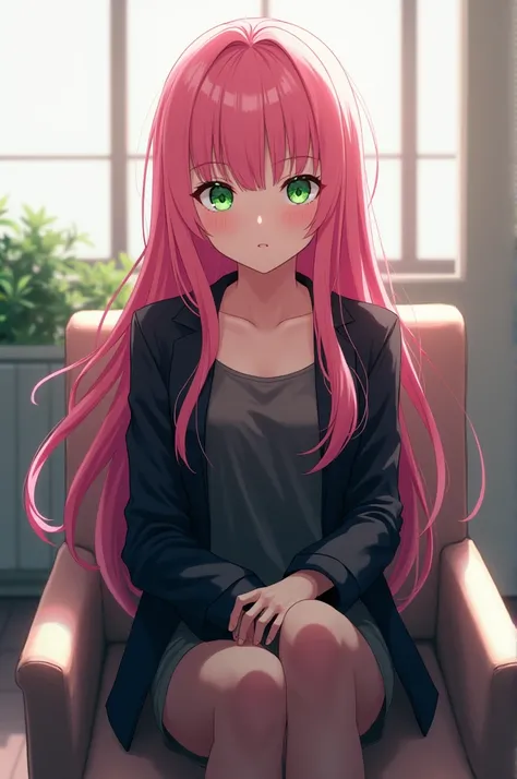 Woman, anime,  long-haired , pink hair color , eyes are green,  dressed in black jacket. 
 Sitting in a chair . 