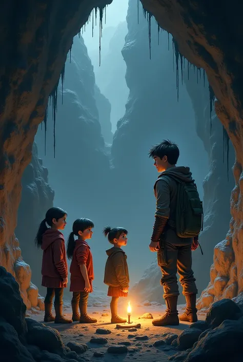 A handsome ,  tall and young guardian talking to 3 boys (2 young girls, 1 young boy) Inside a cave 