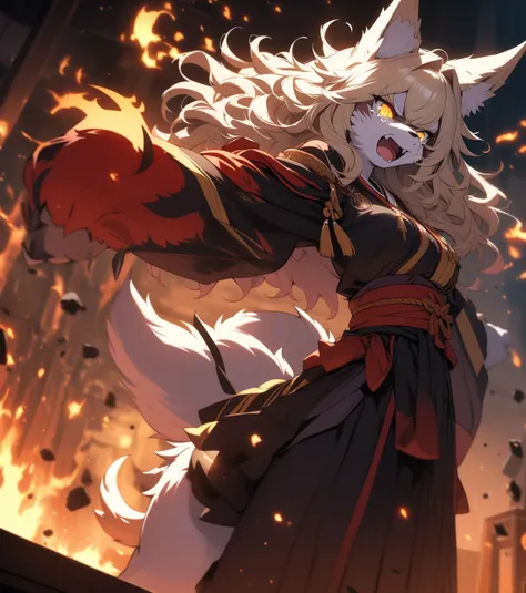 (masterpiece,best quality,very aesthetic),super-fine illustration,high saturation,vibrant colors,1girl,solo,(furry,body fur:1.3),nine tailed fox,30yo,curvy,blonde fox ears,(platinum blonde fox ears),wavy hair,hair fluttering in the air,platinum blonde hair...