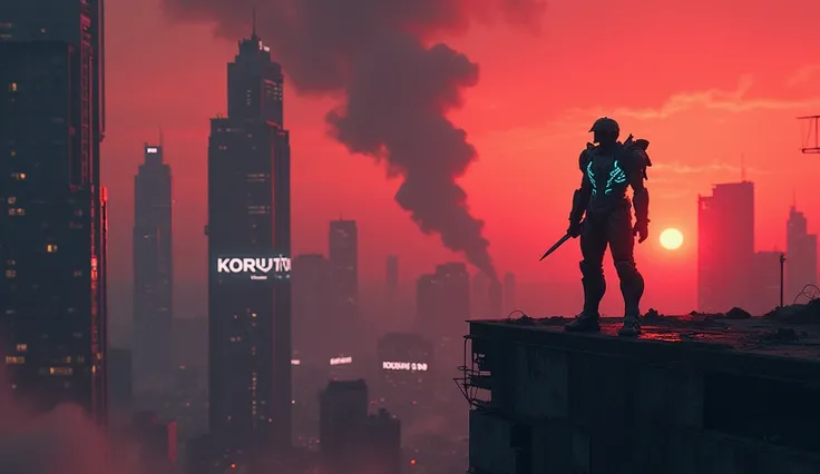 "A dystopian city with crumbling skyscrapers, flickering neon signs reading KORUPTOR, and heavy smoke rising into the red-tinted sky. A lone warrior stands on the rooftop of a ruined building, wearing futuristic black armor with glowing blue accents. The h...