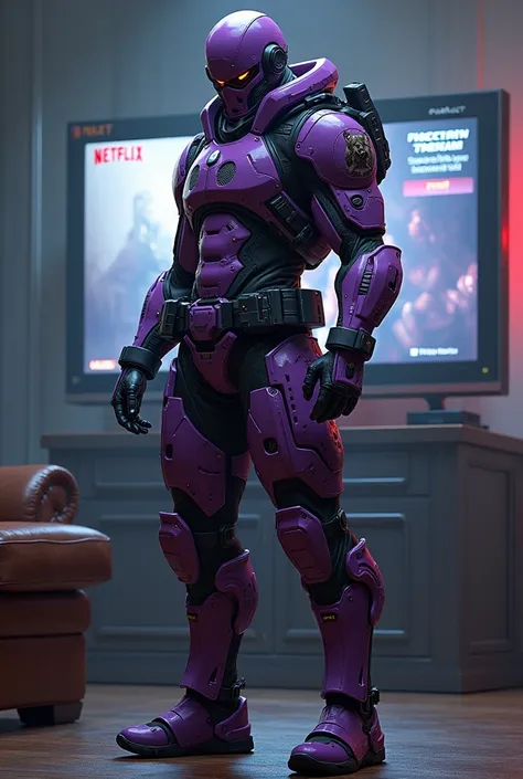 Extreminator from the future wearing purple soldiers uniform with a Pitbul on the side with a TV watching Netflix.