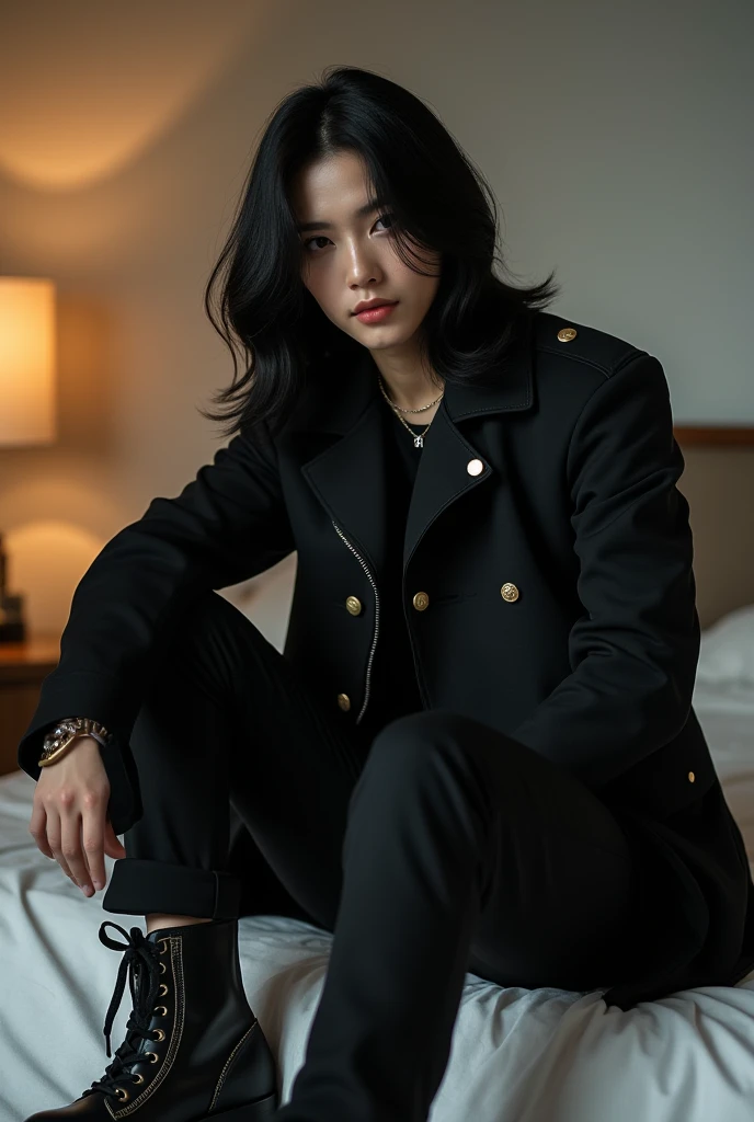 An Asian man of Korean origin who looks like an Idol from K-pop has long hair around his ears and you are wearing a black charro jacket, tight black pants and military boots in black is in his room.  