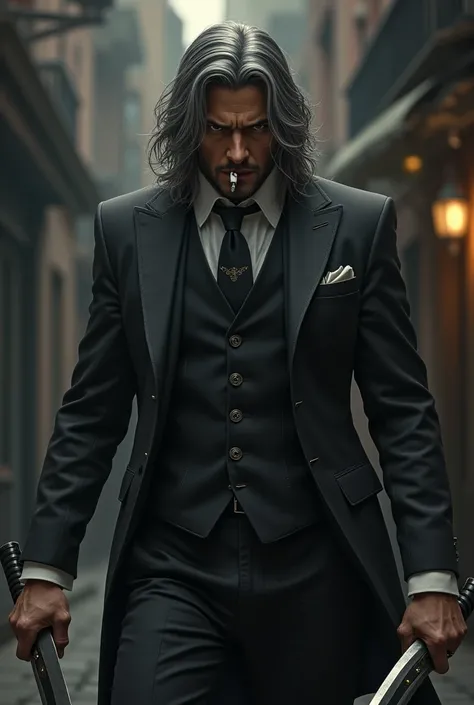 (photorealism:1.2), mafia swordsman, man in a suit holding two big swords in each hand,       
Ash-colored long hair, cigarette in mouth