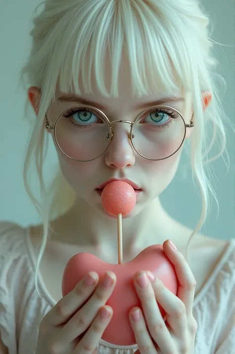 Young woman with albino skin and large light blue eyes , Use glasses, SERIOUS POSTURE,  holding a lollipop close to her mouth and the other hand holding a large penis of a strong man 