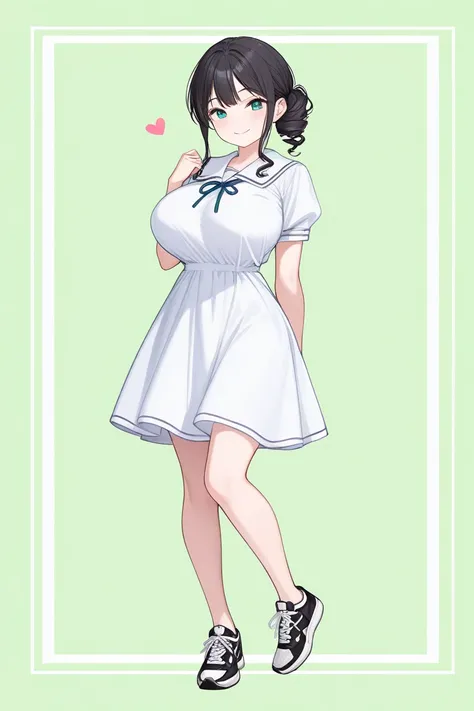 1girl,masterpiece,  top quality ,  Very Aesthetic ,  absurd, up to date,school uniform dress,curly black hair,happy,sneakers,Smile lightly,  beautiful,Alone, slender body 、stand、,sidelock ,jade eyes,endearing smile, chibi, full body,green background,big br...