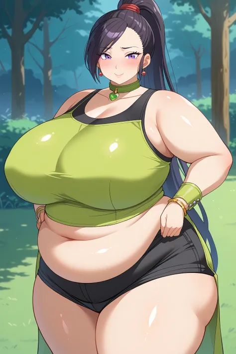 dragon_Quest martina , Martina、 long hair、 ponytail、 purple eyes、 black hair、 shoulder out、 ((( Yellow-green Crop Top、 Yellow-green Choker ,  crop top and connected choker, black tank top,black short spats ))),Exposed Navel , Bare Thighs ,milf, obese の中年女性...