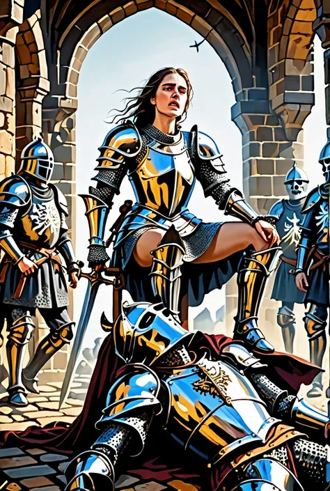 Masterpiece, high quality, high resolution, defeated female knight in broken medieval armour with exhausted look, suspended from gallow, in an enemy castle, surrounded by enemies in shiny medieval armour, around her feet, many skeletons and broken armors a...