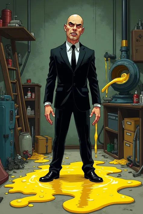 Make a red-eyed bald man from a cartoon black suit black pants black shoes and make his legs melt with a yellow liquid make him out of desperation make a messy garage with a machine pouring yellow liquid in the background 