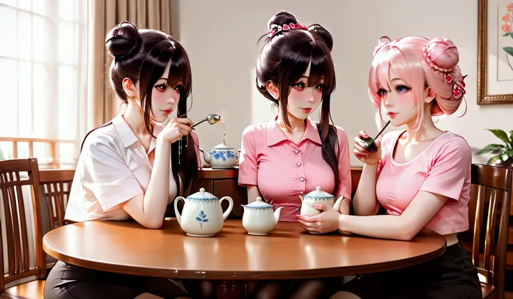 a short young chinese woman sitting down on a small chair with 5 other women around a table. Woman wearing a pink colorful crop top and black booty shorts holding big tea pot in her hands. her hair is in a neat and big bun. pouring tea from tea pot into a ...