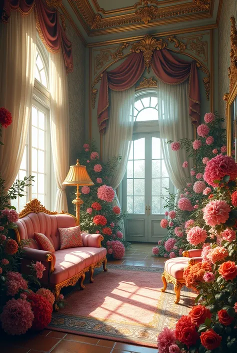  Create me a room in a large mansion ,  that has a lot of luxurious flowers ,  looks very luxurious around , super wonderful ,  that looks like something out of a fantasy story 