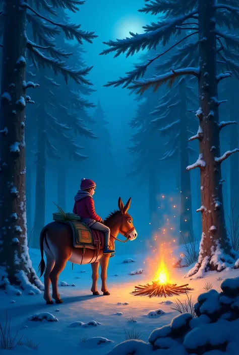 Night, foggy snowy forest, fire, brown riding donkey with a load and a girl, anime.