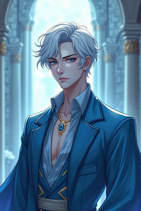 Blue young adult man, anime style, soft white short stylish hair. The background is a simple blurred Atlantis Castle. He is dressed in a stylish noble medieval high fantasy, matching blueish silvery clothing and jewelry.

The artwork showcases intricate de...