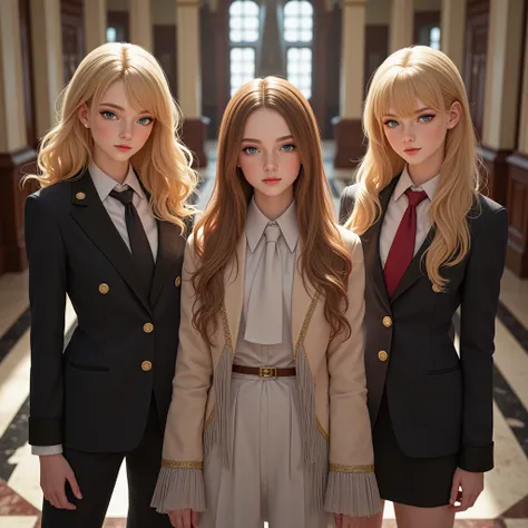 An elite ,  school where all its students wear elegant outfits ,  all the teenagers are very fair-skinned, glowing blue eyes and light-haired,  beautiful, luxurious,  high resolution. 