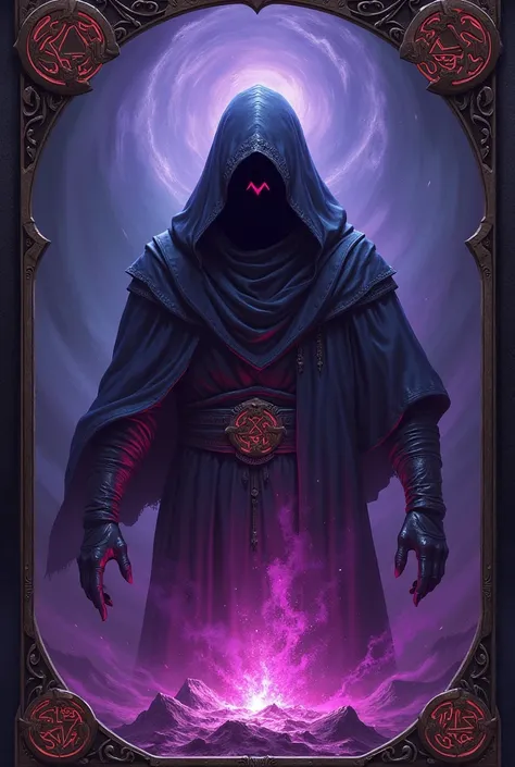 Create an image create a card with the image of Darkan Redard with a photo of a person with a hood who masters the dark magic Warcraft