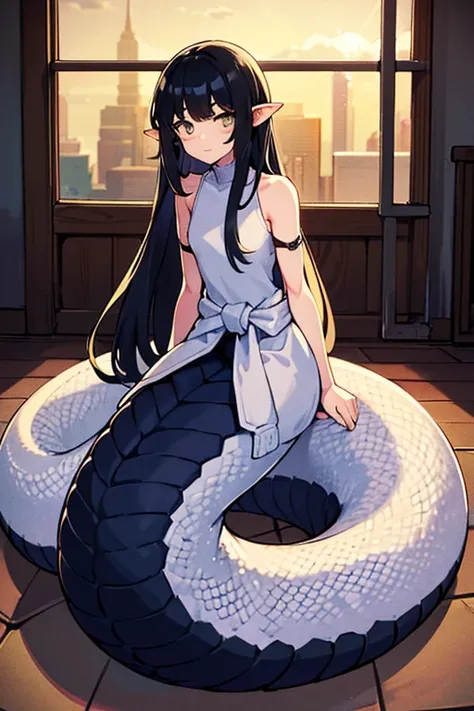 A boy, lamia, detailed scales, male, long flowing black hair, skin of human on upper body, full body shot, lower body fully covered in scales, scales covering up to the waist, hdrhdr, masterpiece, high quality, 4k, White bellows, coil up, cute, sit down