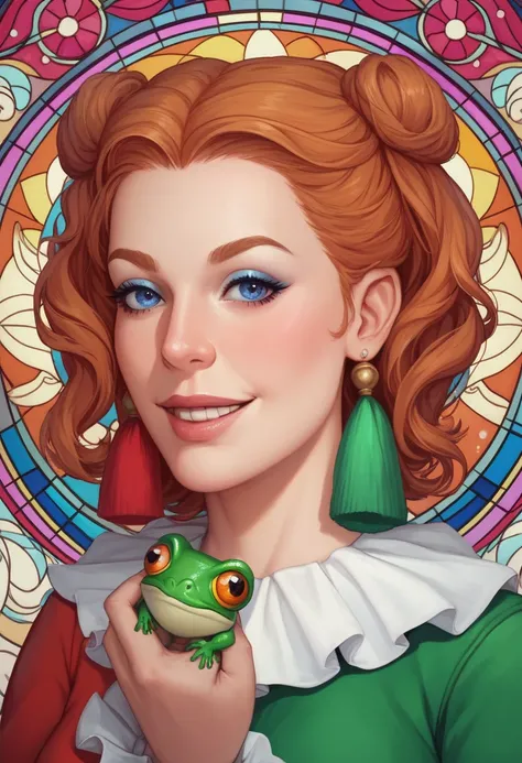 A portrait of a jester-themed beautiful girl holding a small frog in her hand, designed in a stained glass art style. The girl wears a playful, intricately patterned outfit, and her expression is both mischievous and enchanting. Inspired by Daniel Schultz ...