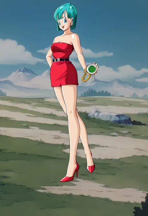 Bulma,  short hair, aquamarine hair, bob cut style .,  water colored hair , fringe,  blue eyes, attire, From Saga de los Androides ,  strapless red shirt , red miniskirt,  bare shoulders , cowboy grip ,  looking at the viewer , he would be.  full body,  ba...