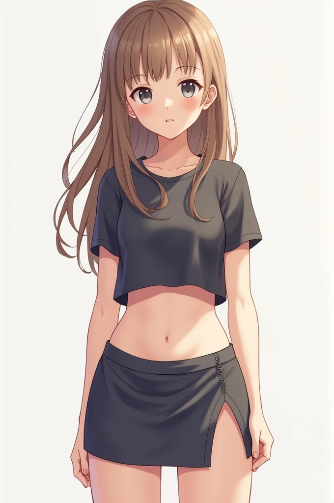 A 20 year old girl++, 160cm tall, petite, light brown hair down to the waist, deep grey eyes, wearing a crop top:4, showing her belly:2, her arms fall to the sides of her body, She has a mischievous and soft smile, a short skirt with a slit on the side