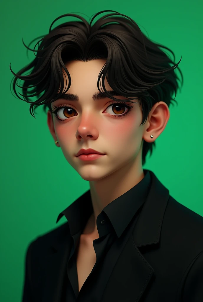 Cri is a handsome boy with wavy hair with an oval face and brown eyes and black clothes and a green background and what a teenager and not an adult guy of s