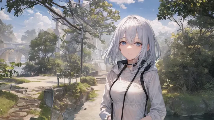  white hoodie 、 black shirt 、Ultra HD, look at viewers , and, 20 years old, 非常に short hair,  long bangs between eyes, Pale blue eyes,  very detailed,(masterpiece、 top quality ),Gray Hair、Laughter、 amazing on the beach,  Silver Hair, iris, Small face、明るいsmi...