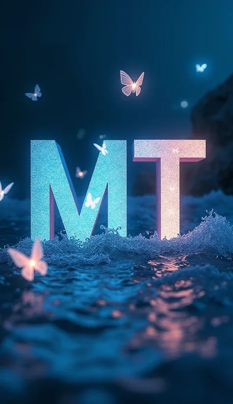 Write the letter M T in capital letters。The background is studded with glowing butterflies dancing in the sea at night