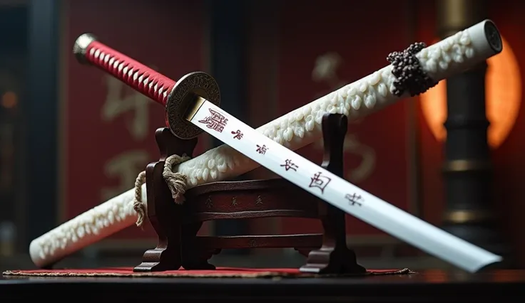 Realistic, with the theme "Japanese sword with pure white blade and intricately crafted scabbard", an old Japanese sword from the 1700s suitable for practical combat, with a crimson red handle, an intricately decorated circular tsubo, and a pure white blad...