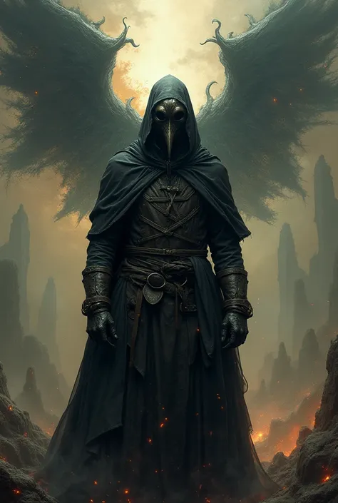 The Plague Doctor in leather clothes is standing and behind him the picture symbolizes primary chaos 