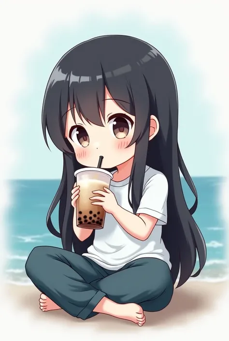 "Create a chibi-style anime girl with long black hair sitting cross-legged. She is sipping bubble tea from a large cup with tapioca pearls. Her cheeks are slightly blushed, and her expression is innocent and calm. The girl is wearing a white top and dark p...