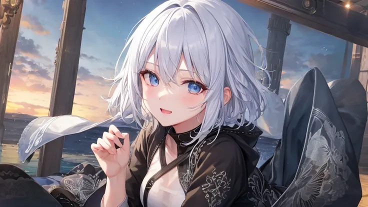  white hoodie 、 black shirt 、Ultra HD, look at viewers , and, 20 years old, 非常に short hair,  long bangs between eyes, Pale blue eyes,  very detailed,(masterpiece、 top quality ),Gray Hair、Laughter、 amazing on the beach,  Silver Hair, iris, Small face、明るいsmi...